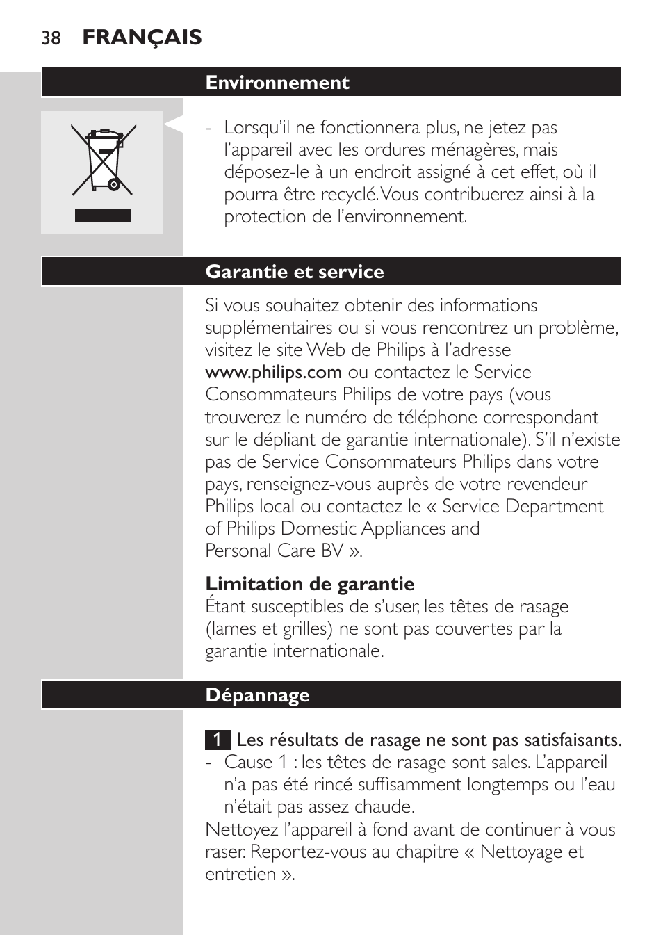 Limitation de garantie, Environnement, Garantie et service | Dépannage | Philips Rasoir électrique User Manual | Page 36 / 72