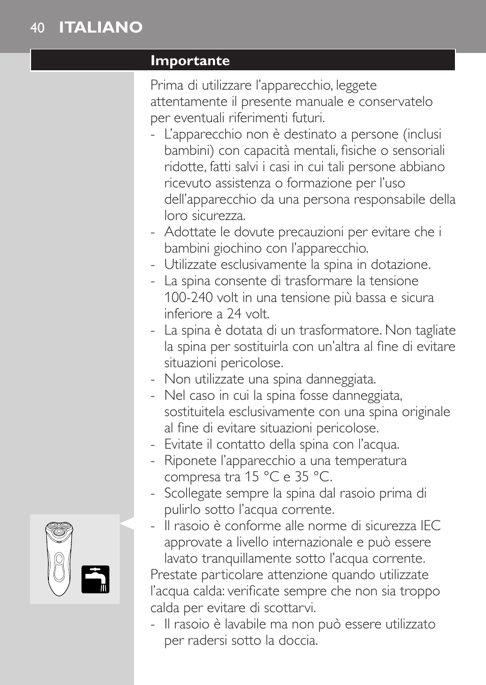 Italiano, Importante | Philips Rasoir électrique User Manual | Page 38 / 72