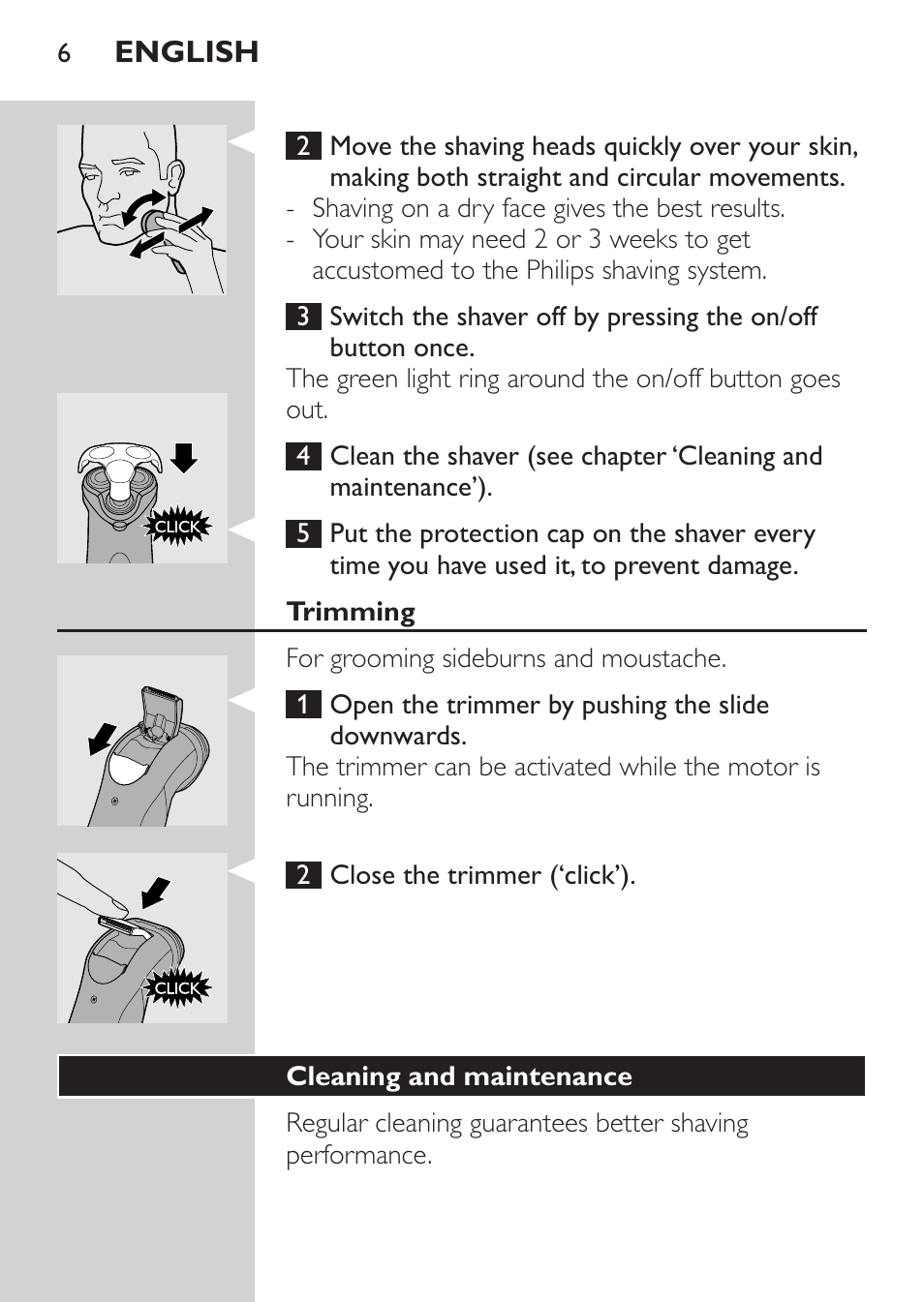 Trimming, Cleaning and maintenance | Philips Rasoir électrique User Manual | Page 4 / 72