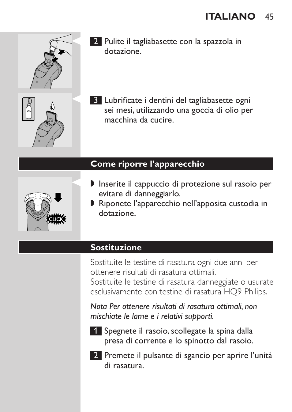 Tagliabasette, Come riporre l’apparecchio, Sostituzione | Philips Rasoir électrique User Manual | Page 43 / 72