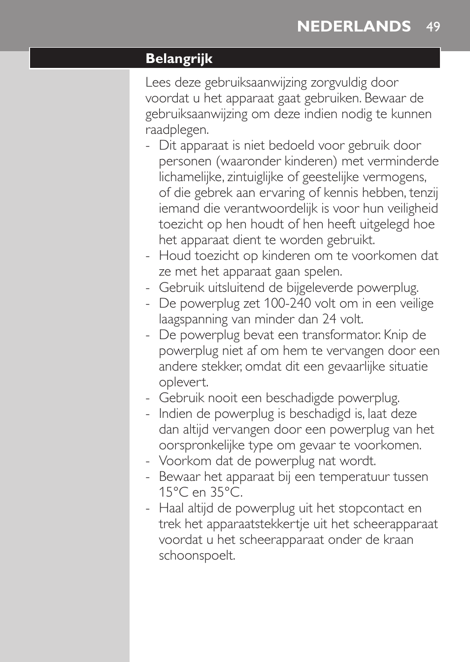 Nederlands, Belangrijk | Philips Rasoir électrique User Manual | Page 47 / 72