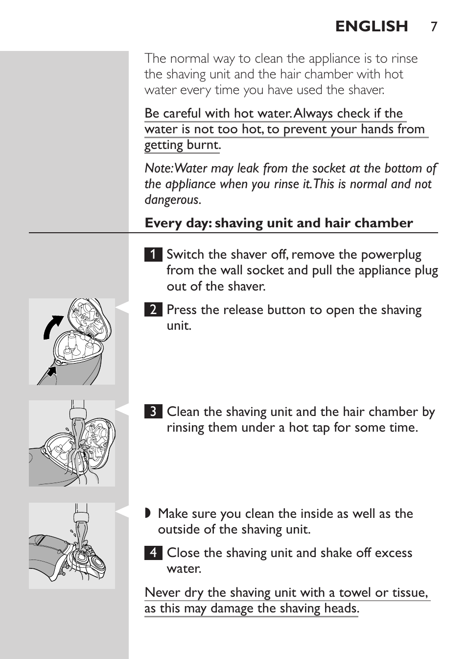 Every day: shaving unit and hair chamber | Philips Rasoir électrique User Manual | Page 5 / 72
