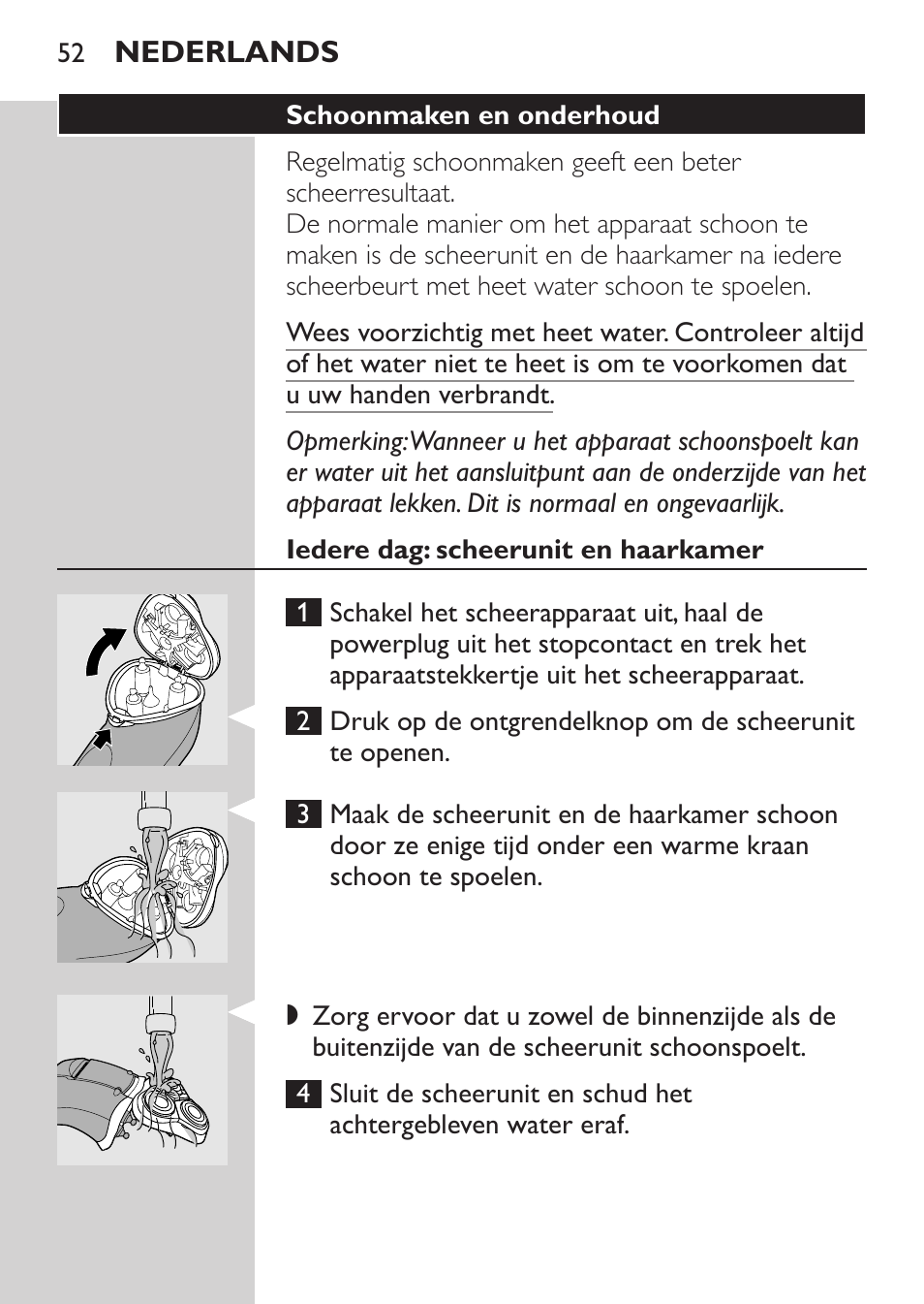 Schoonmaken en onderhoud, Iedere dag: scheerunit en haarkamer | Philips Rasoir électrique User Manual | Page 50 / 72
