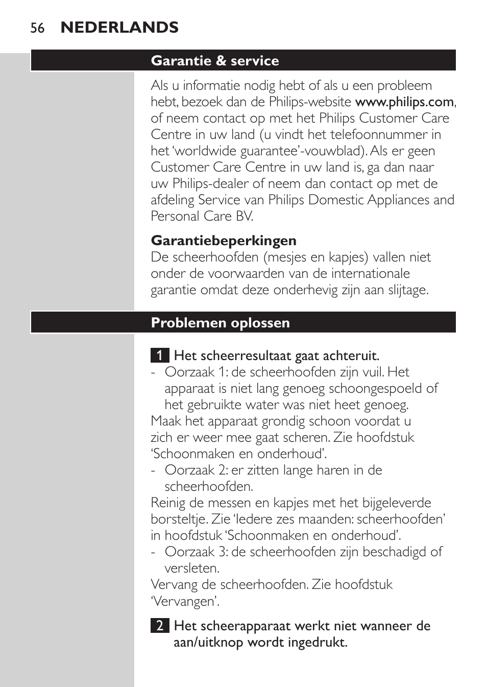 Garantiebeperkingen, Problemen oplossen | Philips Rasoir électrique User Manual | Page 54 / 72