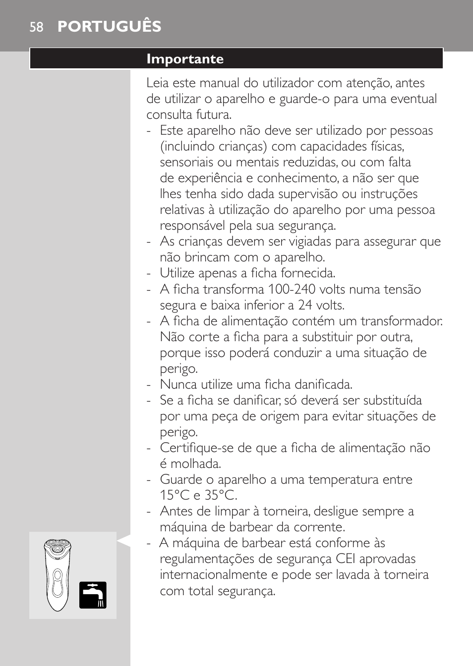 Português, Importante | Philips Rasoir électrique User Manual | Page 56 / 72