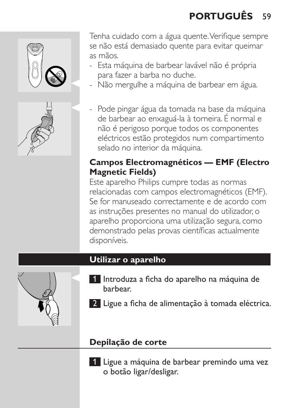 Utilizar o aparelho, Depilação de corte | Philips Rasoir électrique User Manual | Page 57 / 72