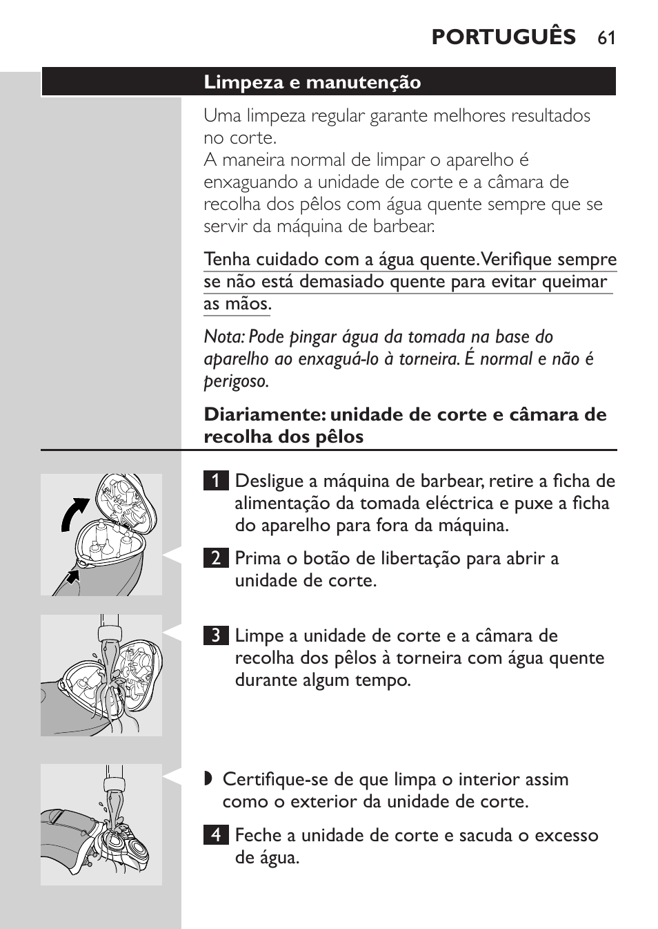 Limpeza e manutenção | Philips Rasoir électrique User Manual | Page 59 / 72