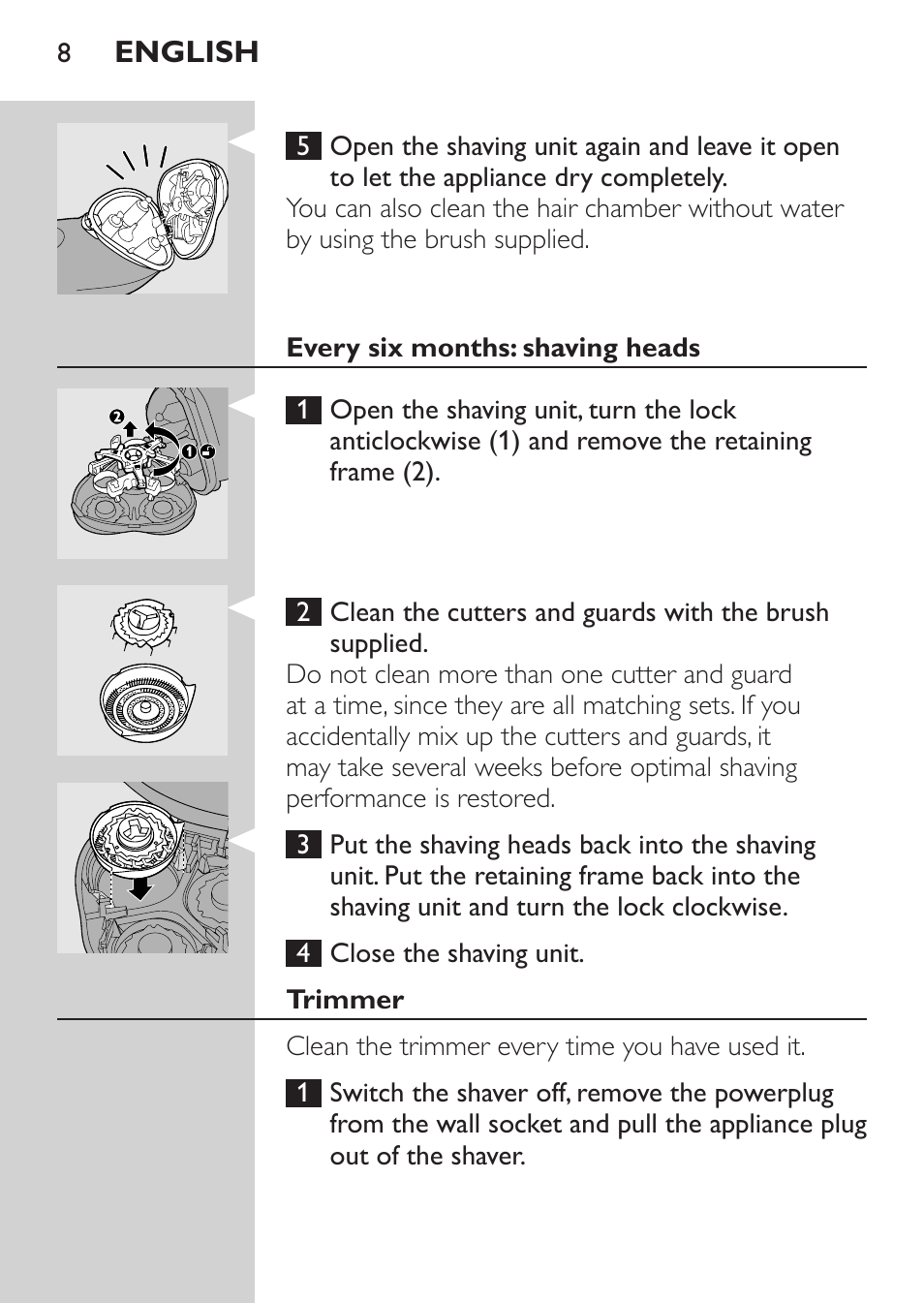 Every six months: shaving heads, Trimmer | Philips Rasoir électrique User Manual | Page 6 / 72