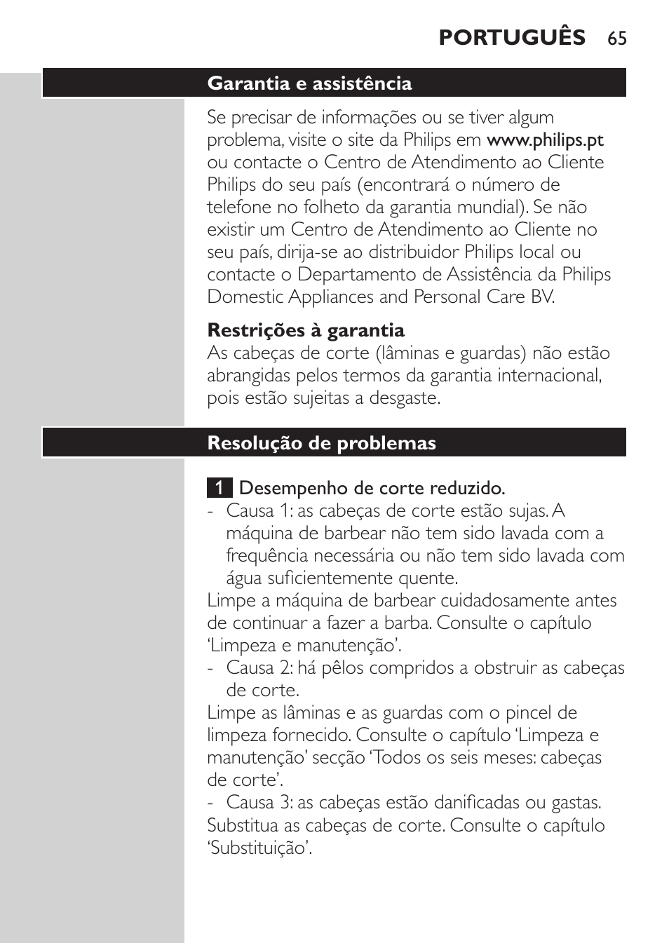 Restrições à garantia, Garantia e assistência, Resolução de problemas | Philips Rasoir électrique User Manual | Page 63 / 72