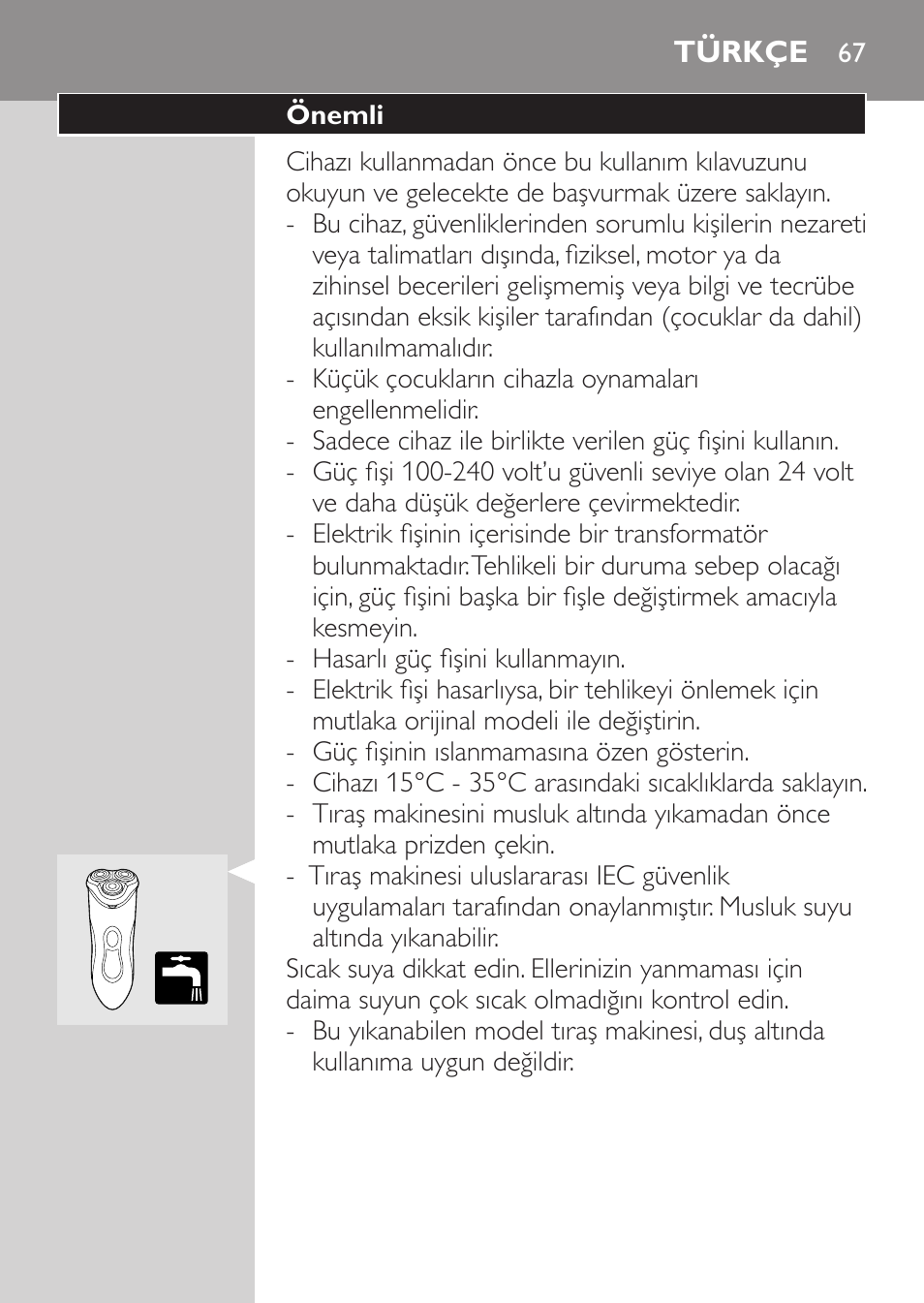 Türkçe, Önemli | Philips Rasoir électrique User Manual | Page 65 / 72