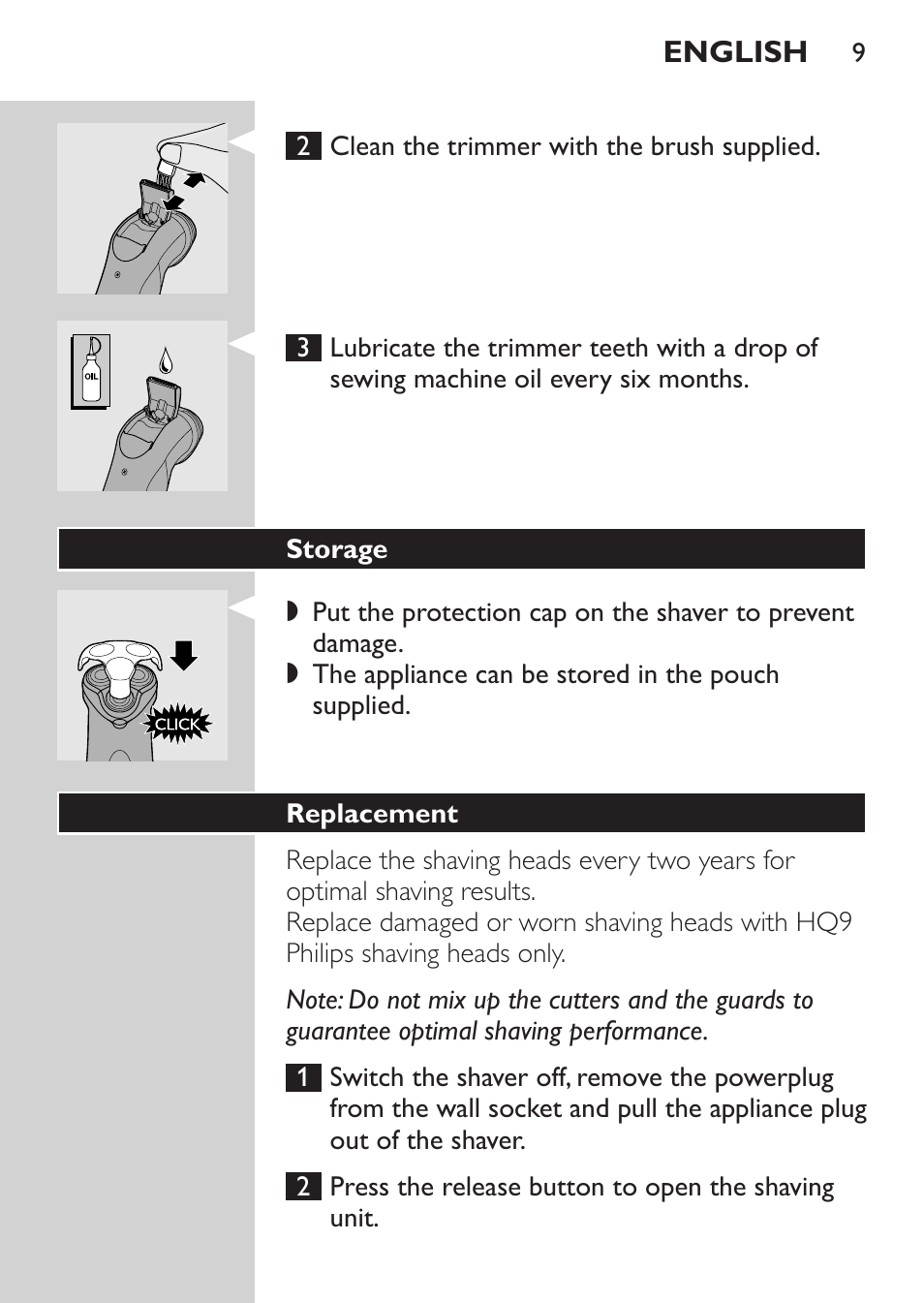 Storage, Replacement | Philips Rasoir électrique User Manual | Page 7 / 72
