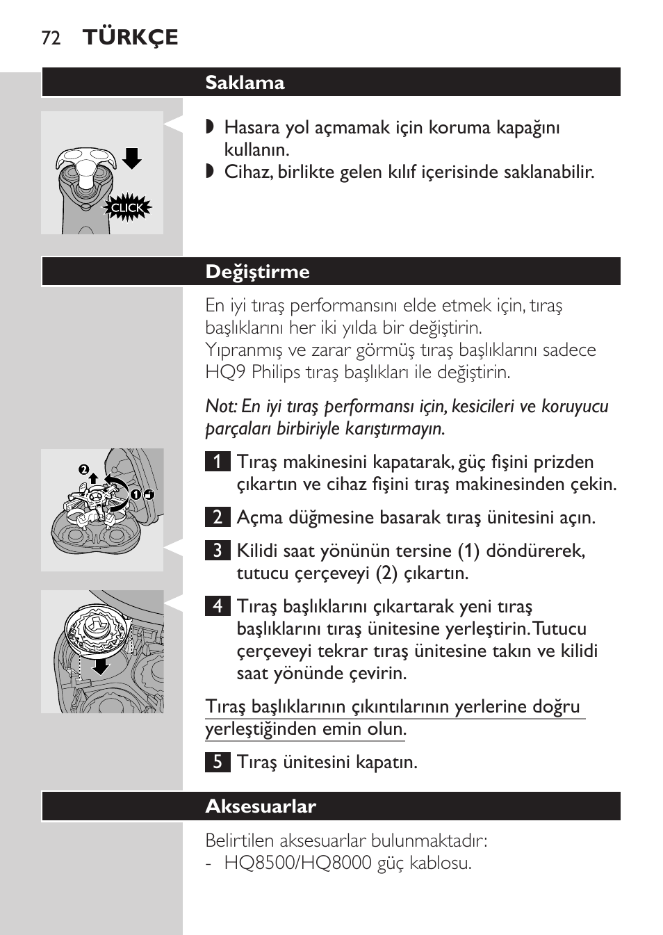 Saklama, Değiştirme, Aksesuarlar | Philips Rasoir électrique User Manual | Page 70 / 72