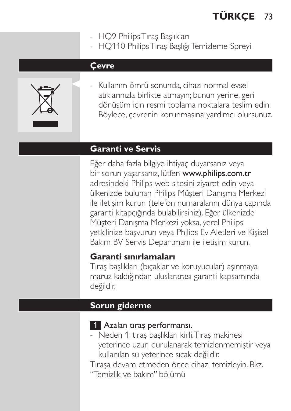 Garanti sınırlamaları, Çevre, Garanti ve servis | Sorun giderme | Philips Rasoir électrique User Manual | Page 71 / 72