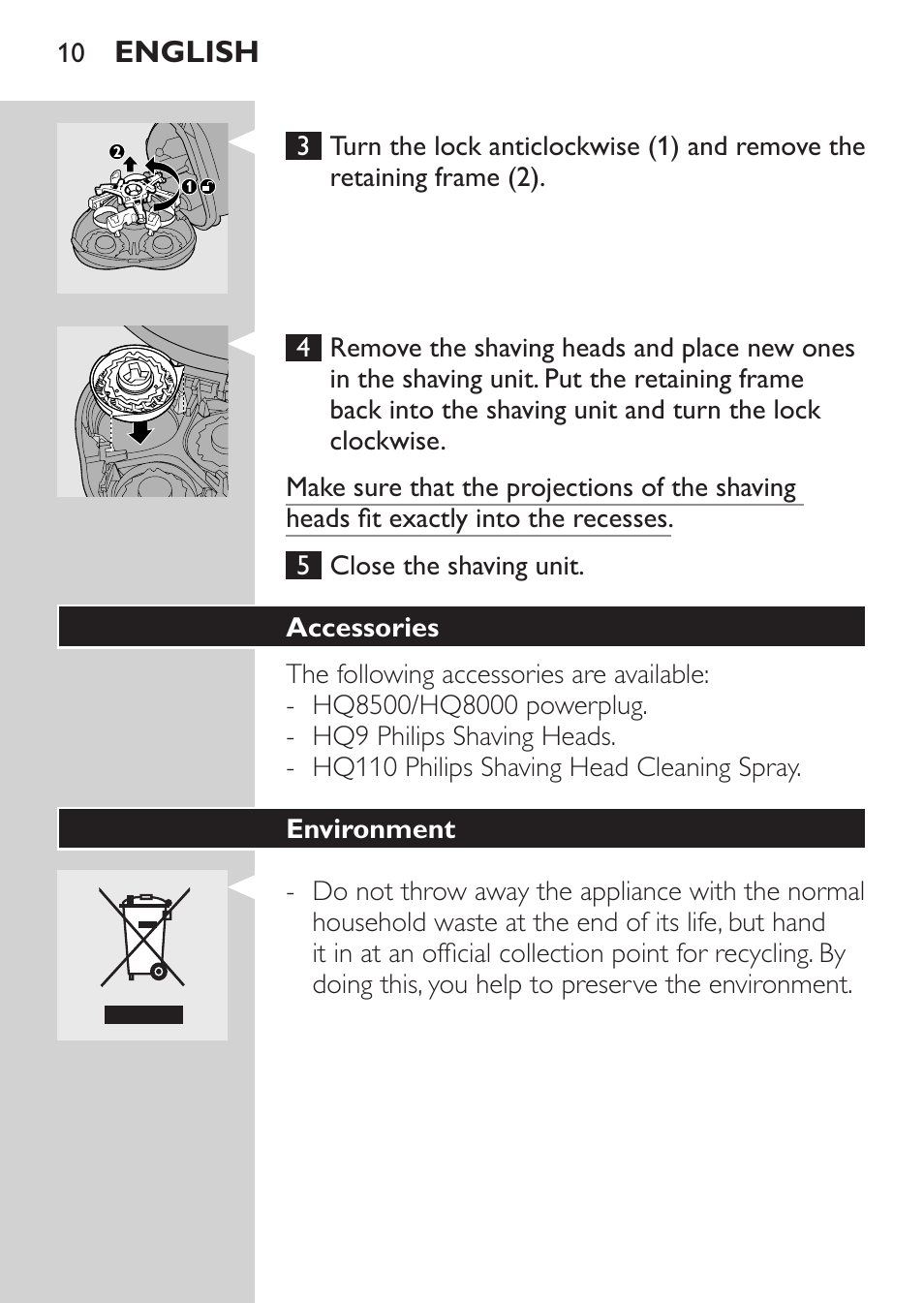 Accessories, Environment, Guarantee & service | Philips Rasoir électrique User Manual | Page 8 / 72