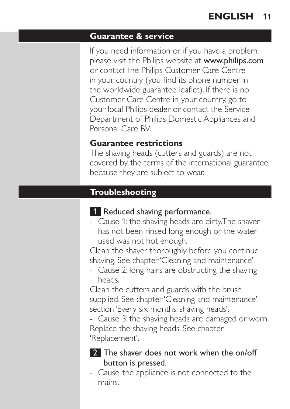 Guarantee restrictions, Troubleshooting | Philips Rasoir électrique User Manual | Page 9 / 72
