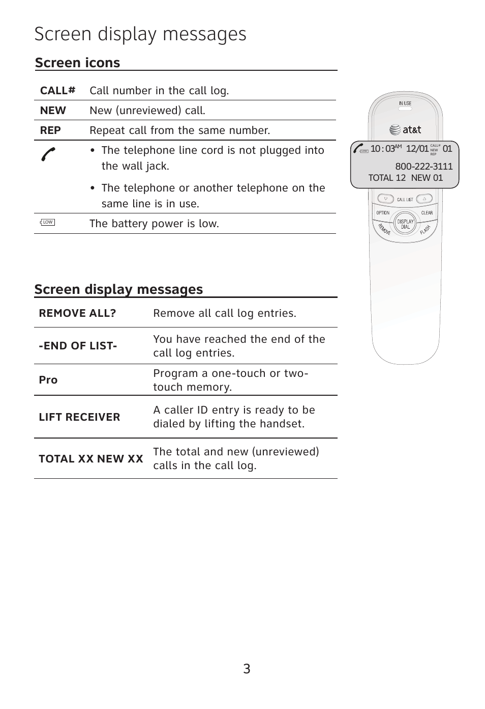Screen display messages, 3screen icons | AT&T TR1909 User Manual | Page 4 / 12