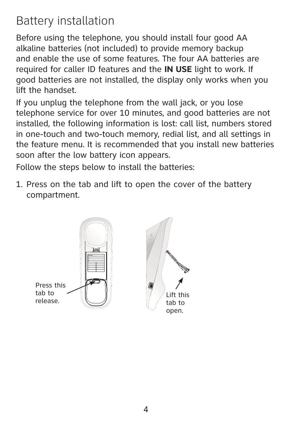 Battery installation | AT&T TR1909 User Manual | Page 5 / 12