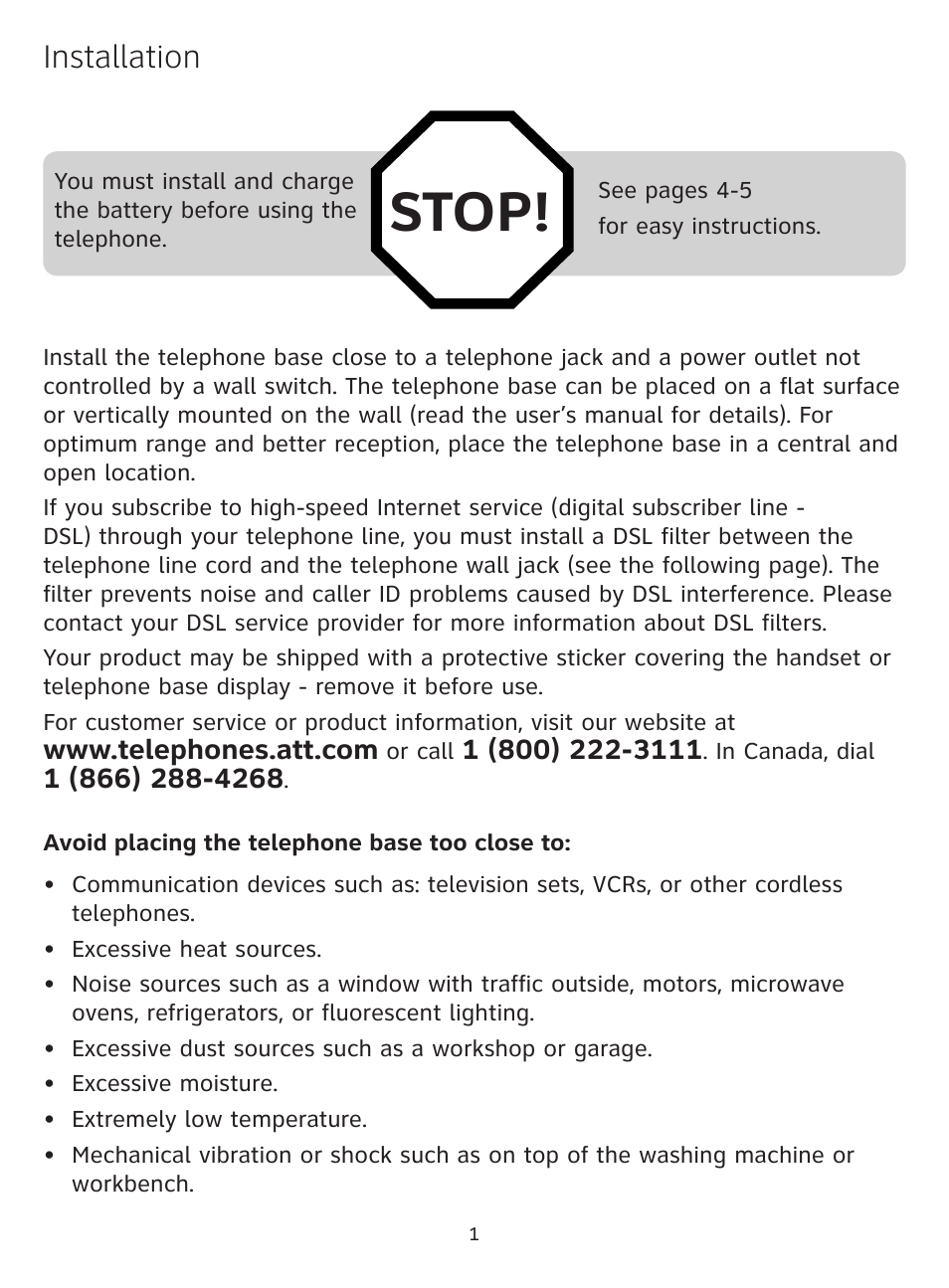 Stop, Installation | AT&T CL81109 User Manual | Page 2 / 10