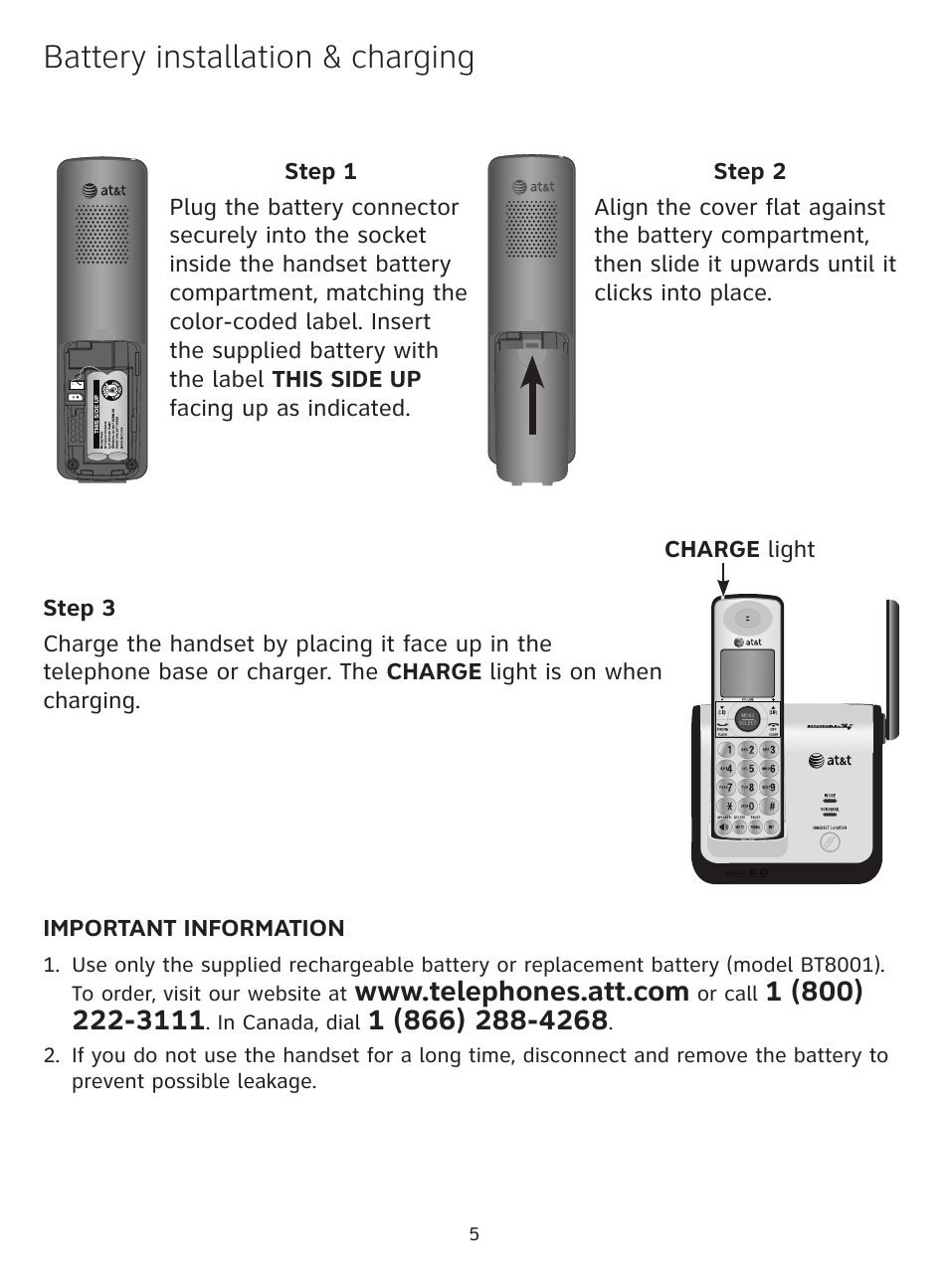 Battery installation & charging | AT&T CL81109 User Manual | Page 6 / 10