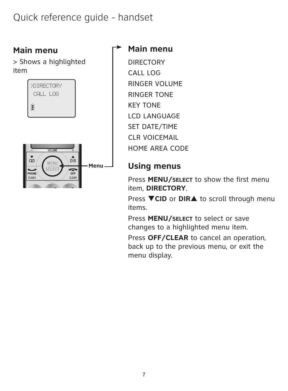 Quick reference guide - handset, Main menu, Using menus | AT&T CL81109 User Manual | Page 8 / 10