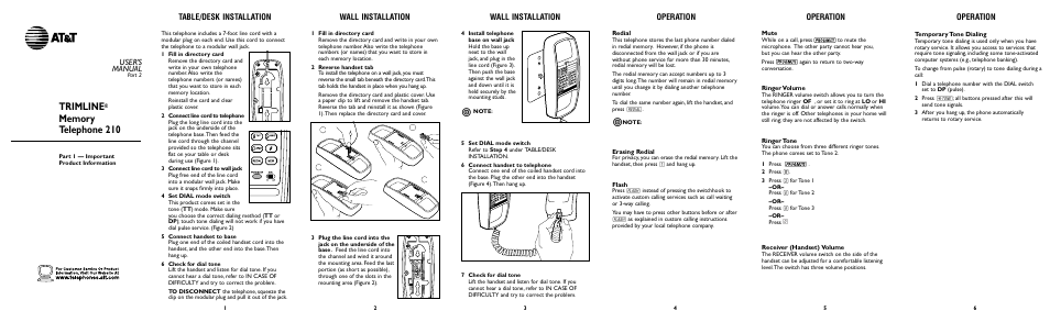 AT&T Trimline 210 User Manual | 2 pages