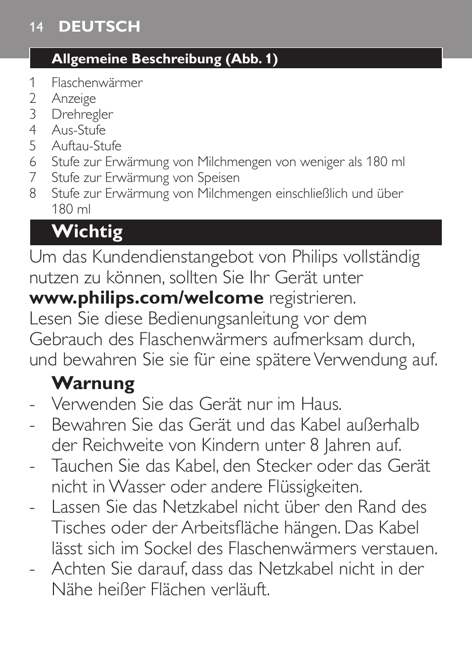 Deutsch, Deutsch 14 | Philips AVENT Chauffe-biberon User Manual | Page 14 / 64