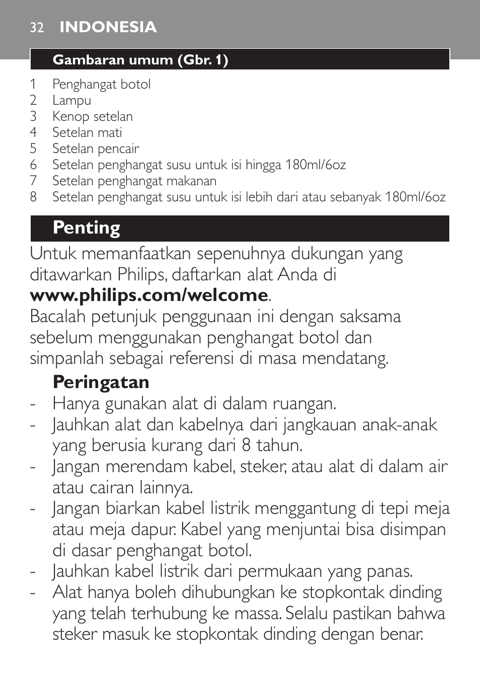 Indonesia, Indonesia 32 | Philips AVENT Chauffe-biberon User Manual | Page 32 / 64