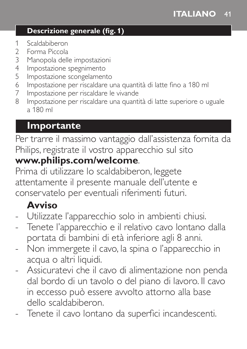 Italiano | Philips AVENT Chauffe-biberon User Manual | Page 41 / 64