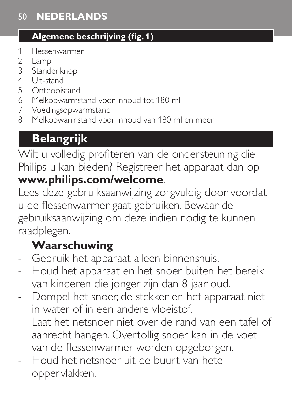 Nederlands, Nederlands 50 | Philips AVENT Chauffe-biberon User Manual | Page 50 / 64