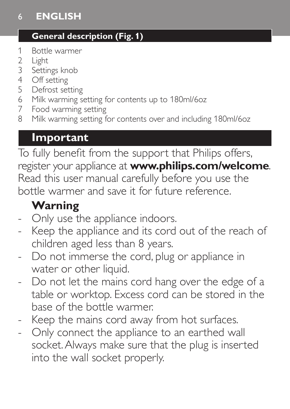 English, English 6 | Philips AVENT Chauffe-biberon User Manual | Page 6 / 64