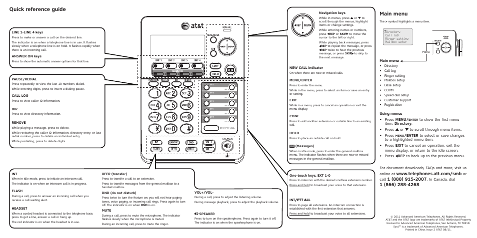 Quick reference guide main menu | AT&T SB67158 User Manual | Page 2 / 2