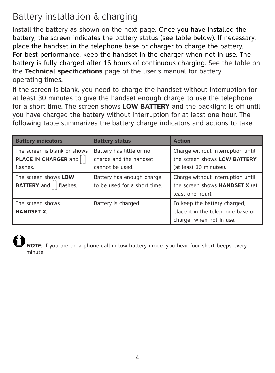 Battery installation & charging | AT&T CL81209 User Manual | Page 5 / 10