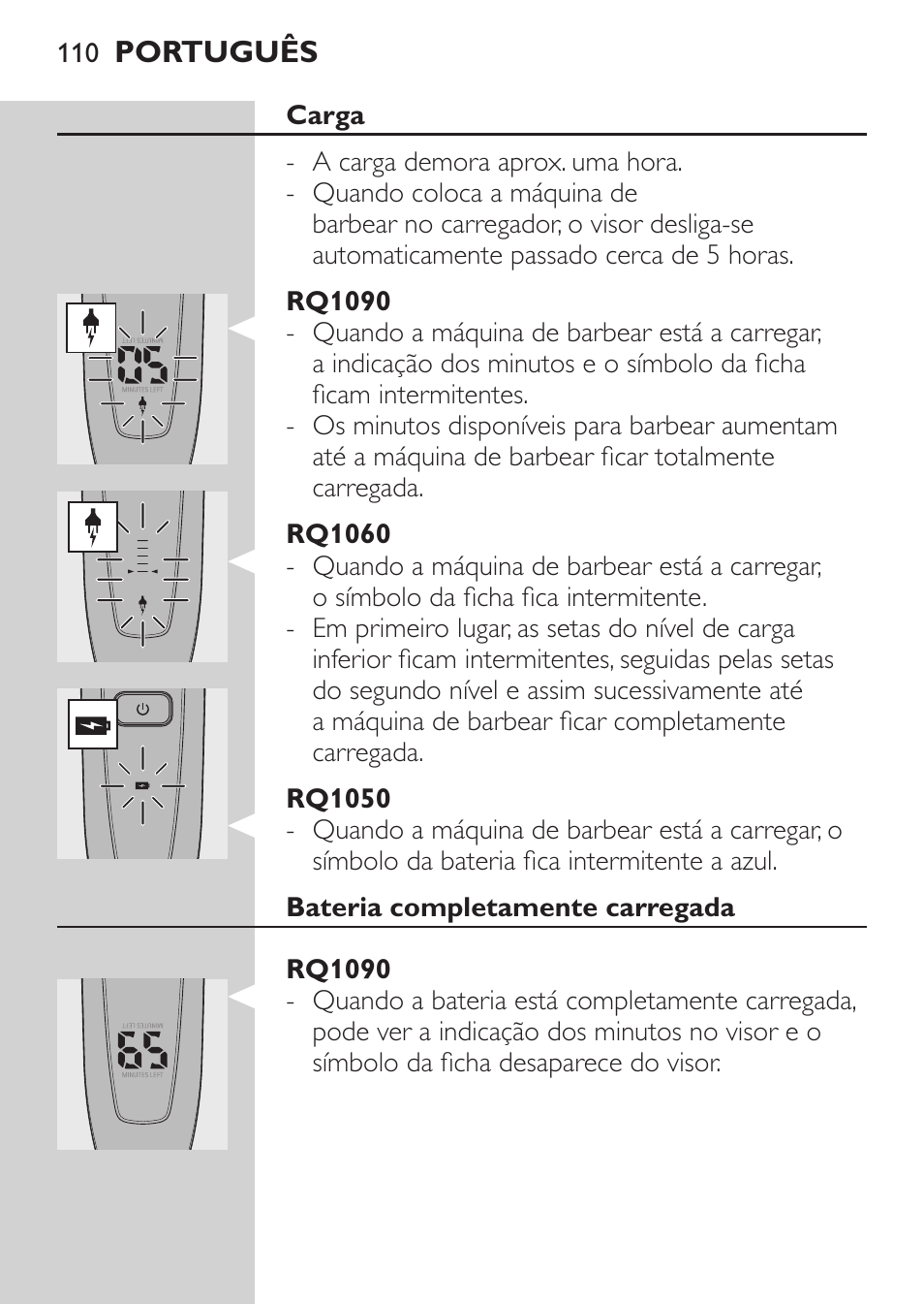 Carga, Rq1090, Rq1060 | Rq1050, Bateria completamente carregada | Philips Rasoir électrique User Manual | Page 108 / 136