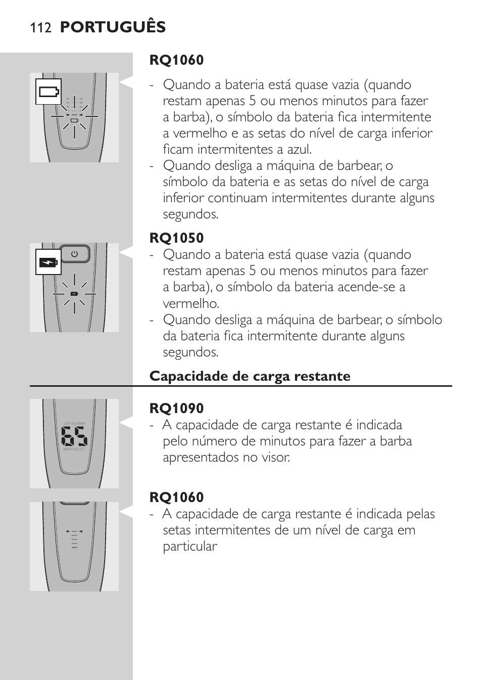 Rq1050, Capacidade de carga restante, Rq1090 | Rq1060 | Philips Rasoir électrique User Manual | Page 110 / 136