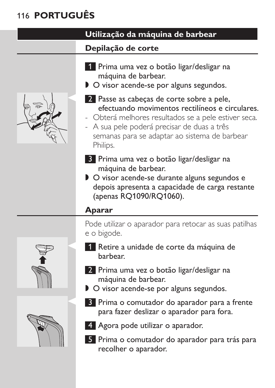 Utilização da máquina de barbear, Depilação de corte, Aparar | Philips Rasoir électrique User Manual | Page 114 / 136