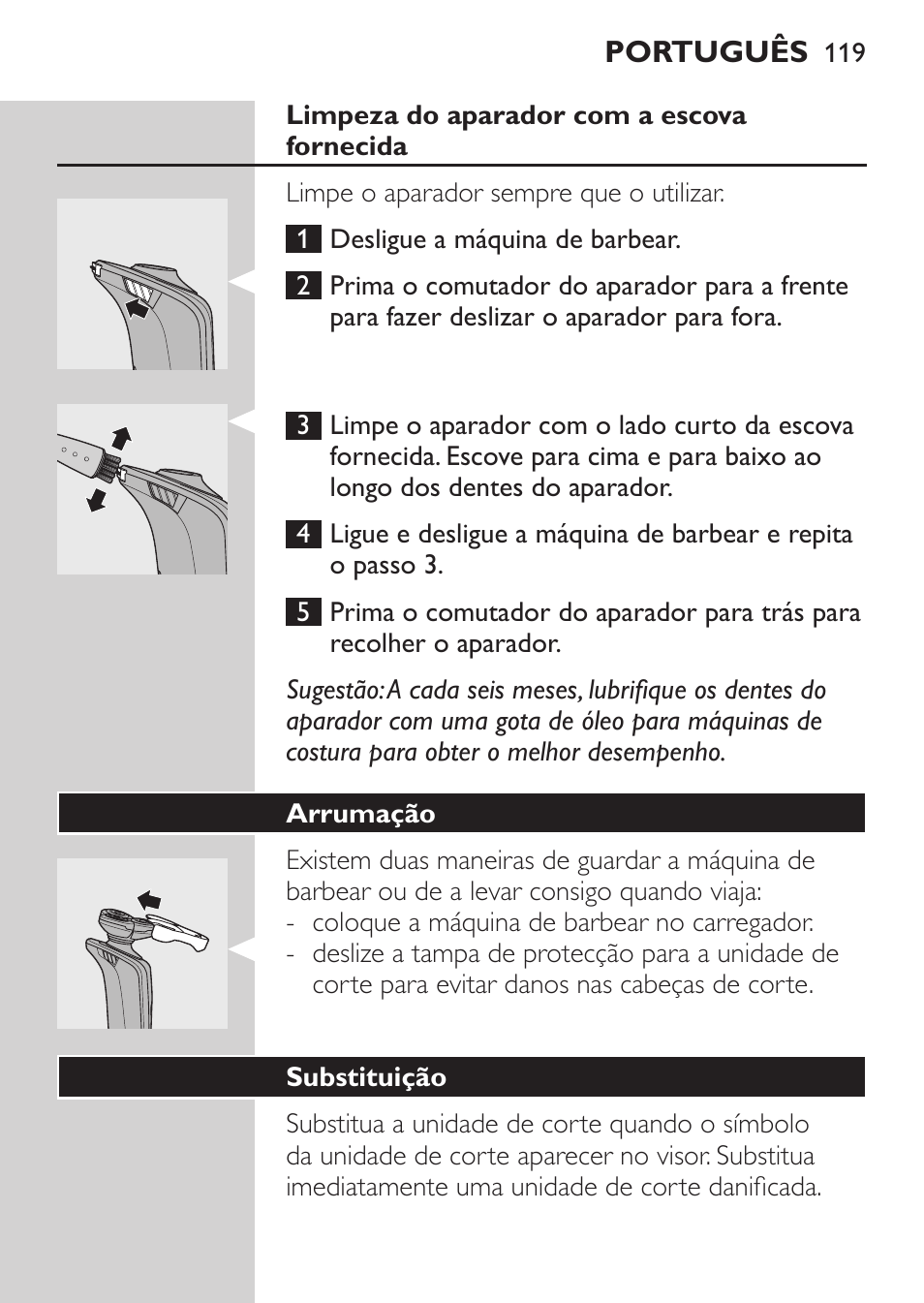 Limpeza do aparador com a escova fornecida, Arrumação, Substituição | Philips Rasoir électrique User Manual | Page 117 / 136