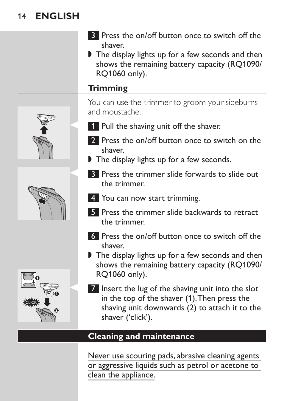 Using the shaver, Shaving, Trimming | Philips Rasoir électrique User Manual | Page 12 / 136