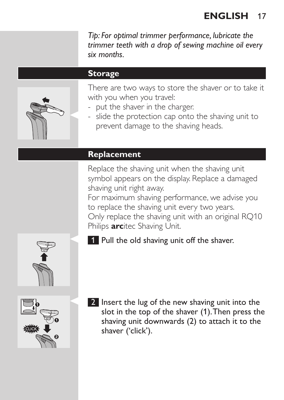 Storage, Replacement | Philips Rasoir électrique User Manual | Page 15 / 136