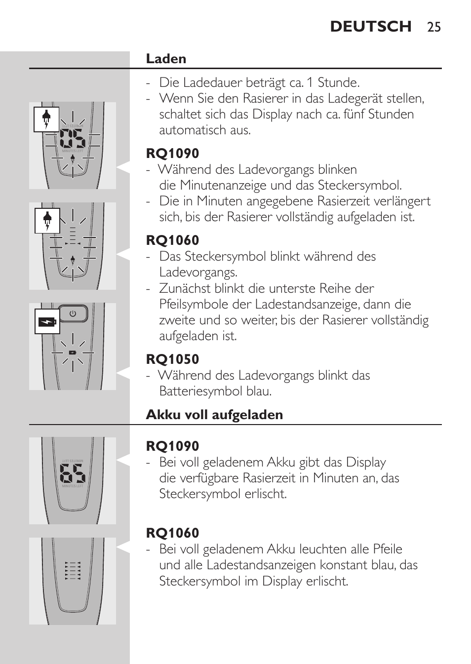 Laden, Rq1090, Rq1060 | Rq1050, Akku voll aufgeladen | Philips Rasoir électrique User Manual | Page 23 / 136