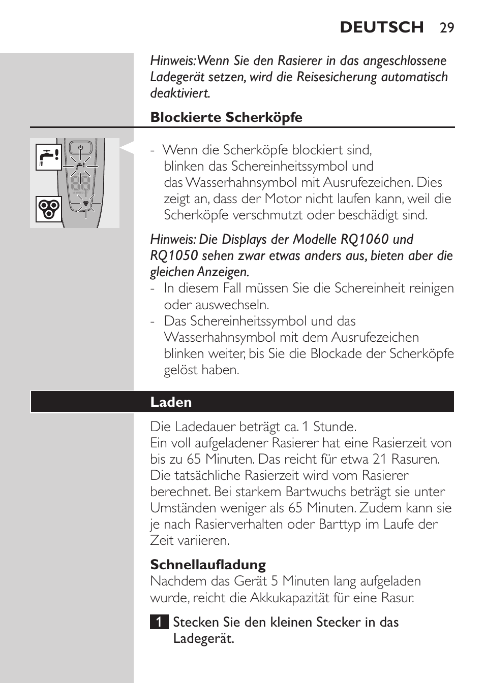 Blockierte scherköpfe, Schnellaufladung, Laden | Philips Rasoir électrique User Manual | Page 27 / 136
