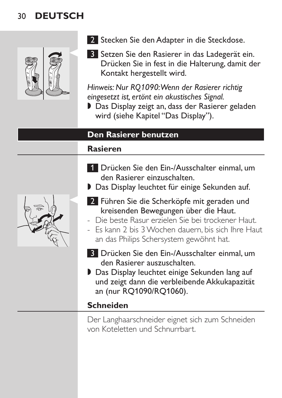 Den rasierer benutzen, Rasieren, Schneiden | Philips Rasoir électrique User Manual | Page 28 / 136