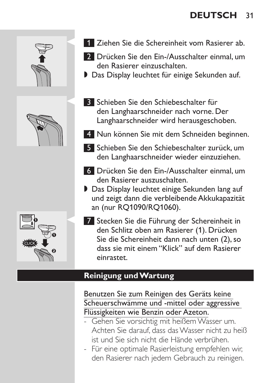 Reinigung und wartung | Philips Rasoir électrique User Manual | Page 29 / 136