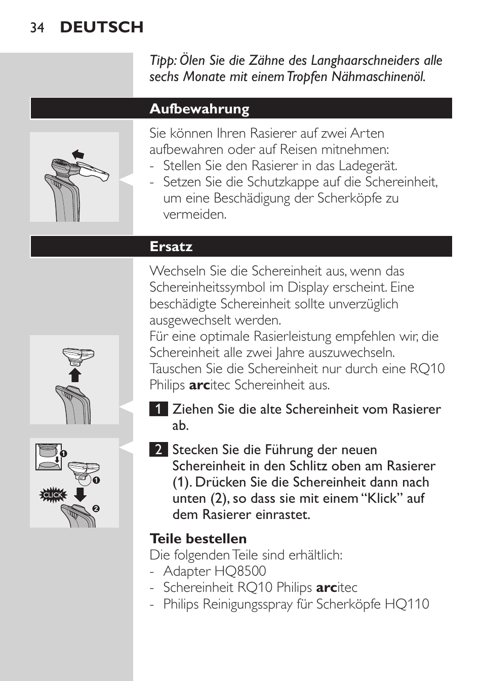 Teile bestellen, Aufbewahrung, Ersatz | Philips Rasoir électrique User Manual | Page 32 / 136