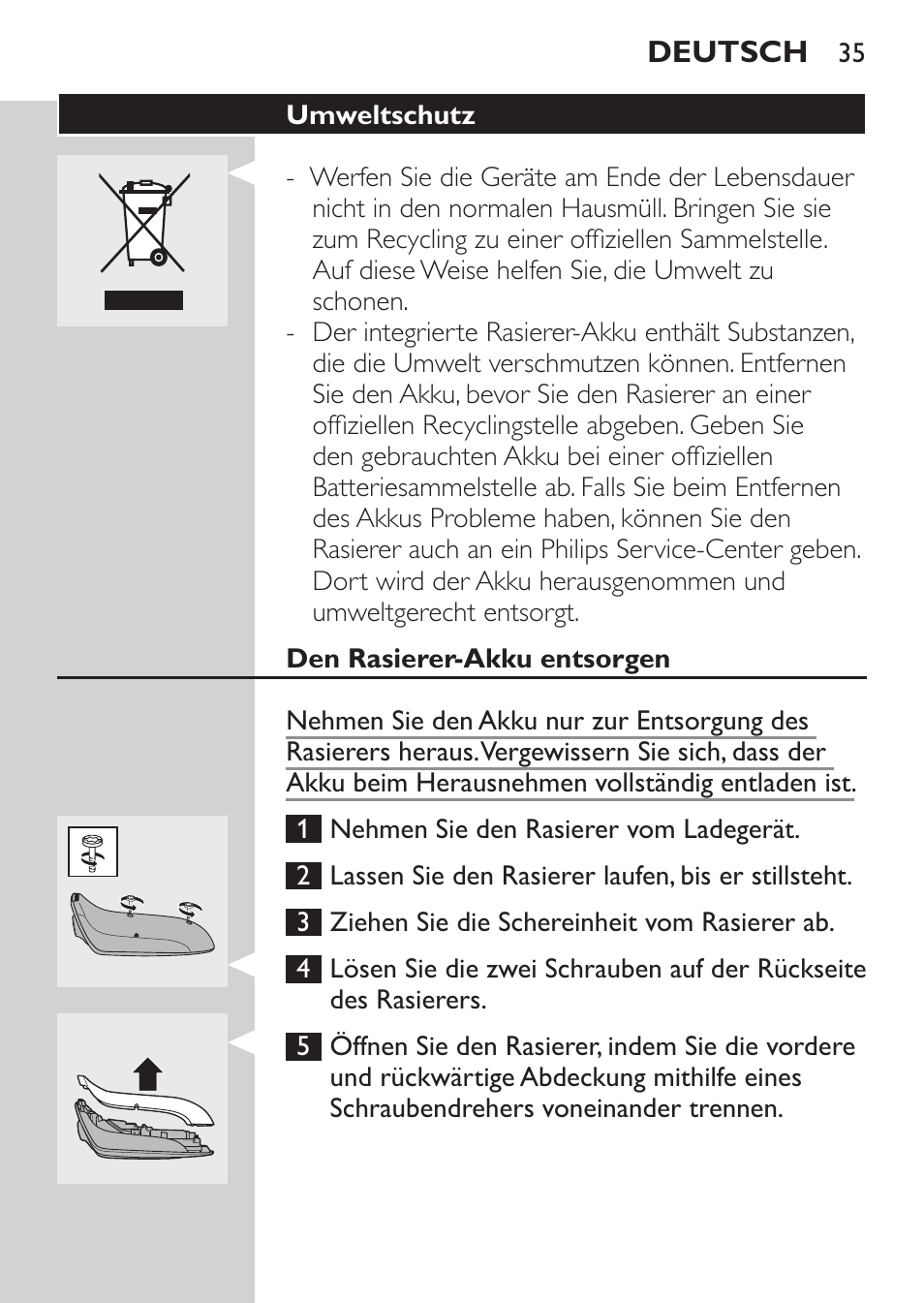 Umweltschutz, Den rasierer-akku entsorgen | Philips Rasoir électrique User Manual | Page 33 / 136