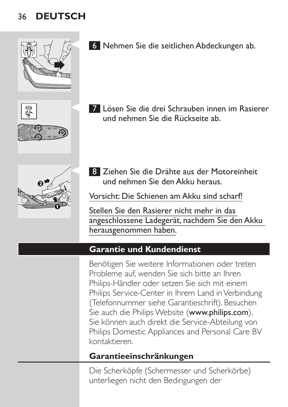 Garantie und kundendienst, Garantieeinschränkungen | Philips Rasoir électrique User Manual | Page 34 / 136