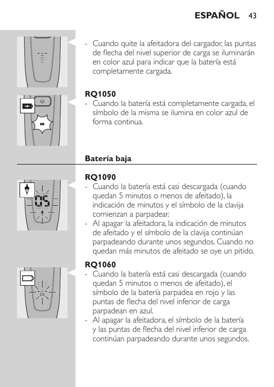 Rq1050, Batería baja, Rq1090 | Rq1060 | Philips Rasoir électrique User Manual | Page 41 / 136