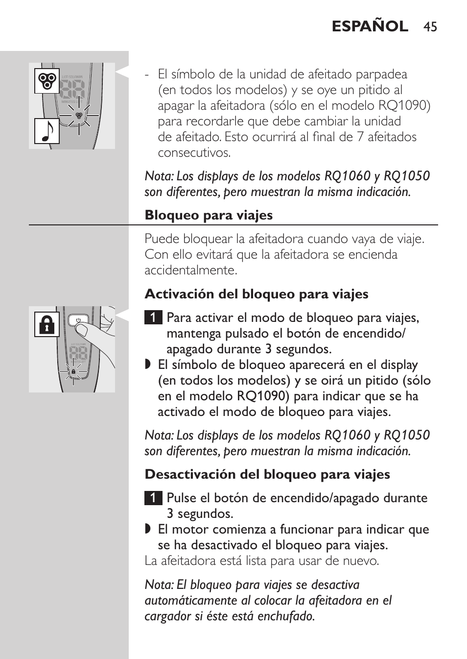 Bloqueo para viajes, Activación del bloqueo para viajes, Desactivación del bloqueo para viajes | Philips Rasoir électrique User Manual | Page 43 / 136