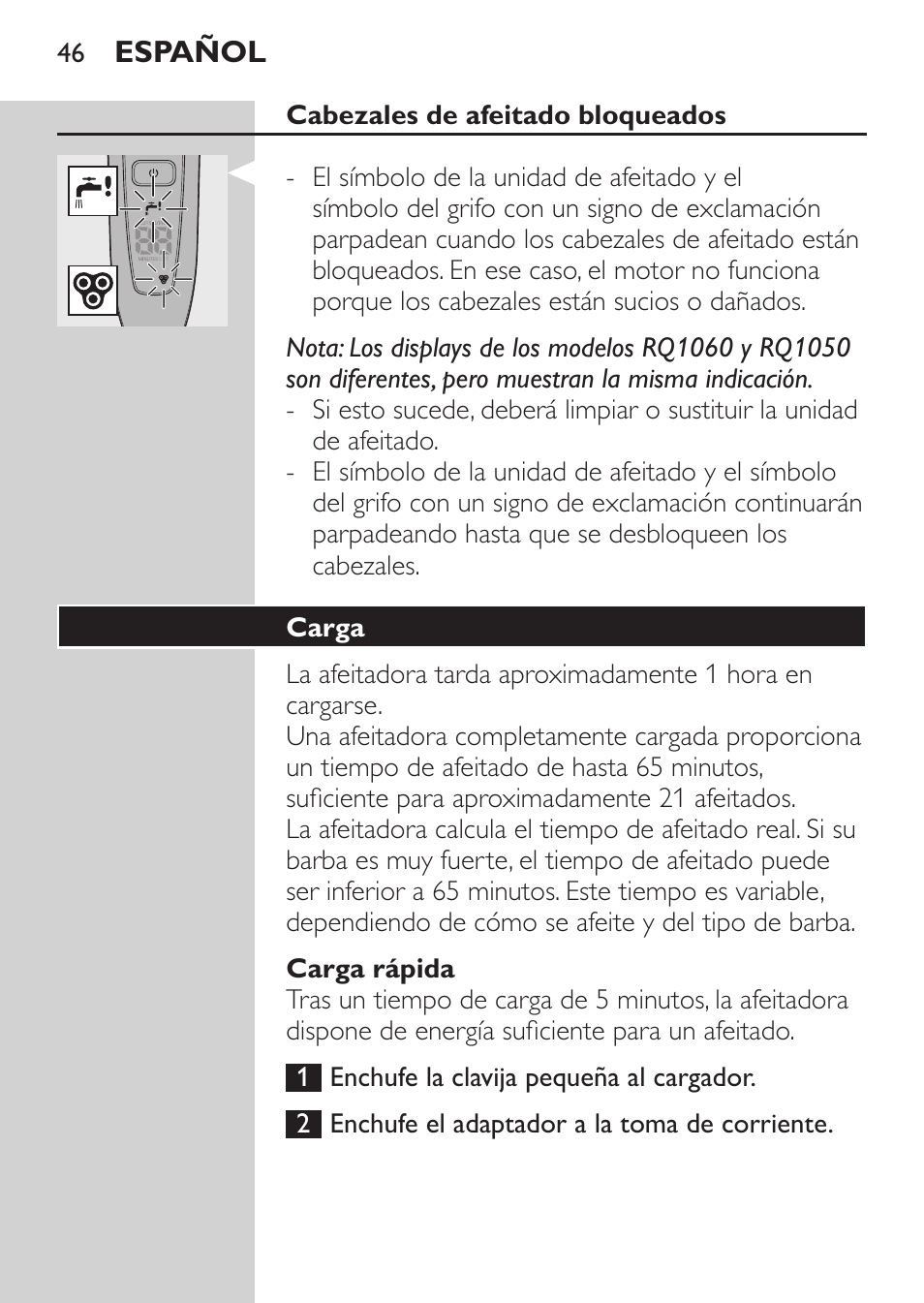 Cabezales de afeitado bloqueados, Carga rápida, Carga | Philips Rasoir électrique User Manual | Page 44 / 136