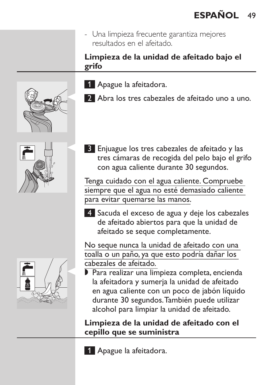 Limpieza de la unidad de afeitado bajo el grifo | Philips Rasoir électrique User Manual | Page 47 / 136