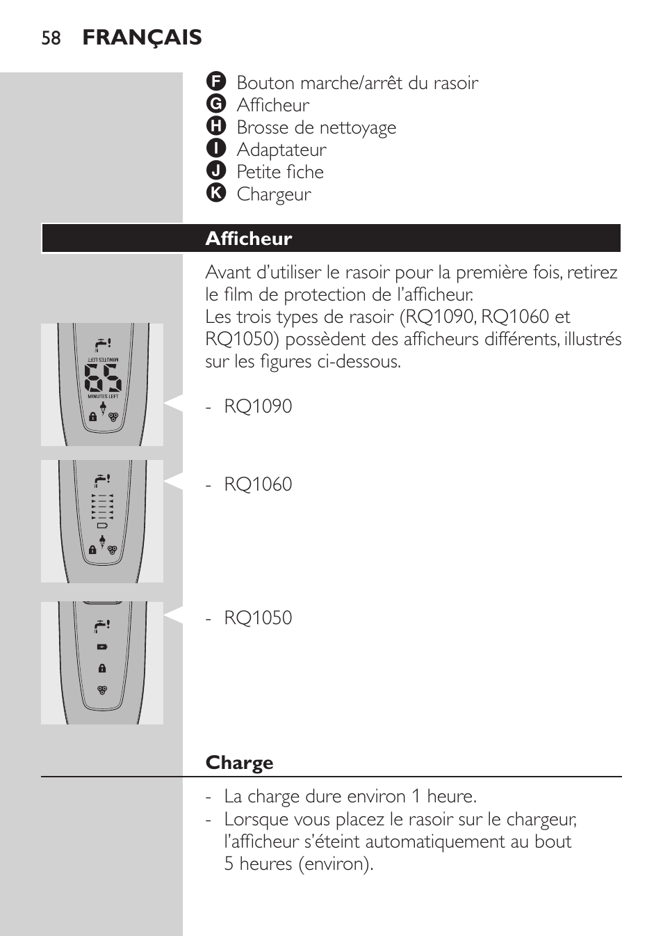 Afficheur, Charge | Philips Rasoir électrique User Manual | Page 56 / 136